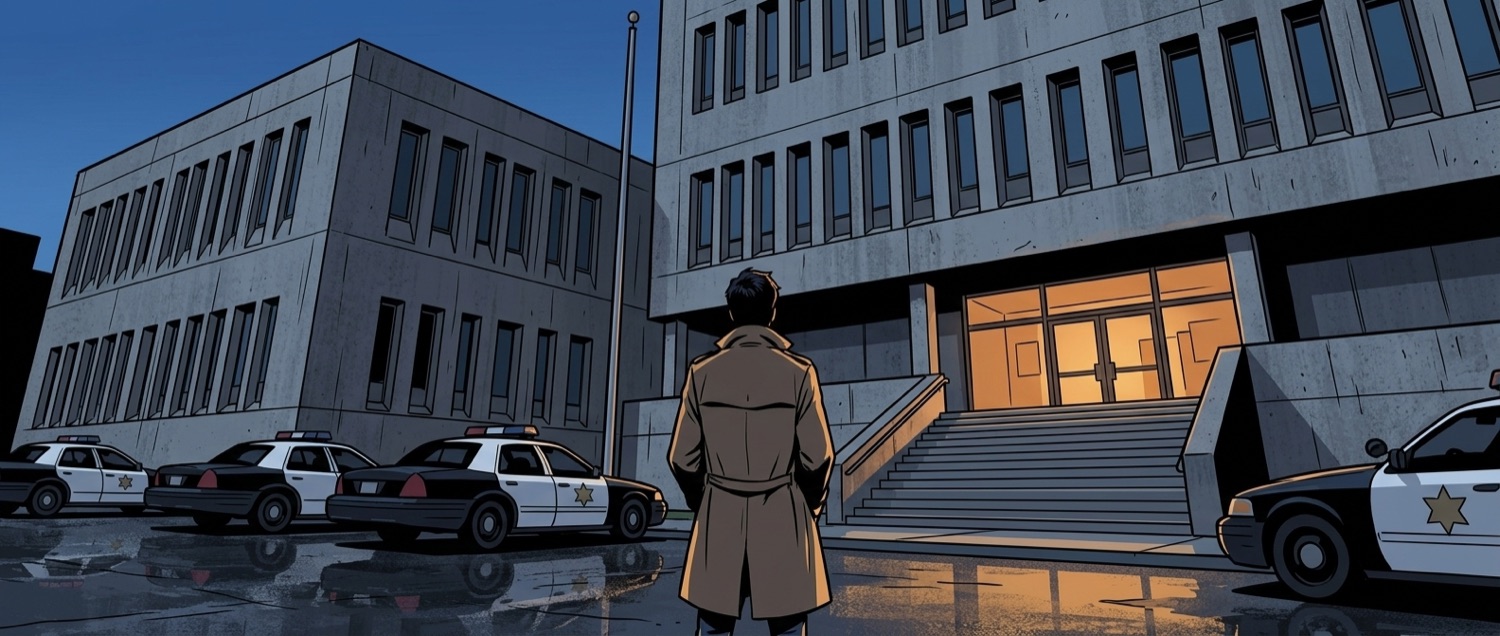 A police station exterior at night