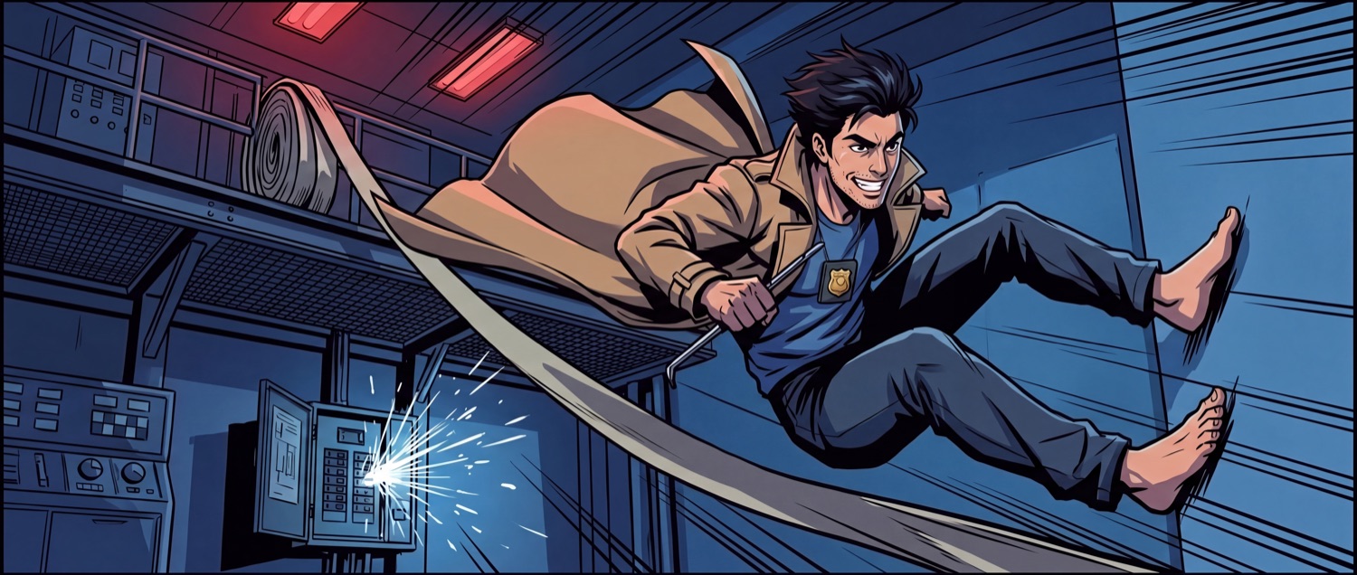 He swings across the server room on a fire hose