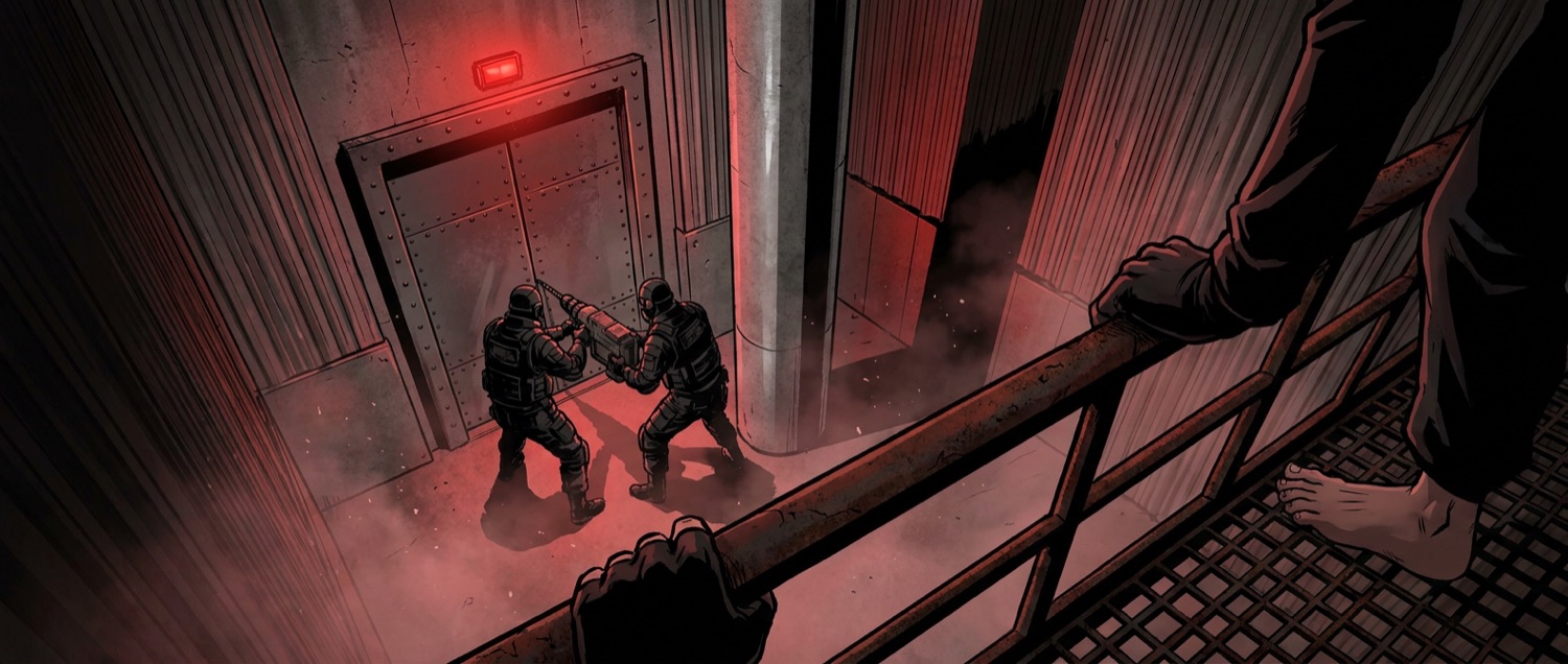 The crew moves toward the vault door