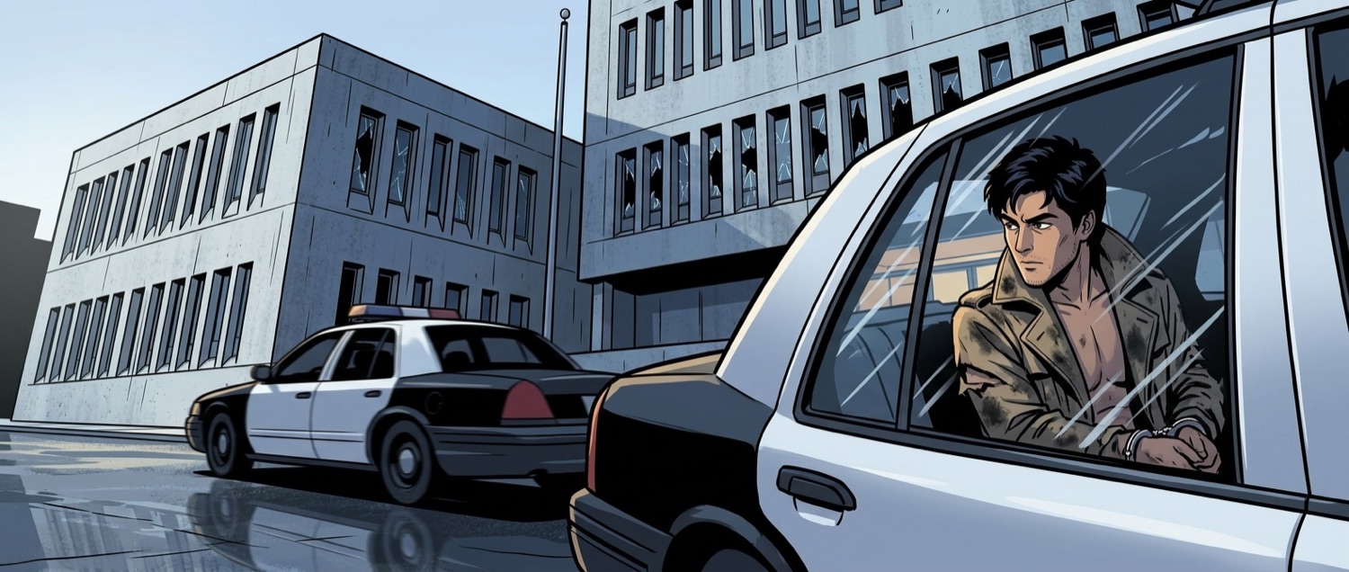 The patrol car pulls away from the station