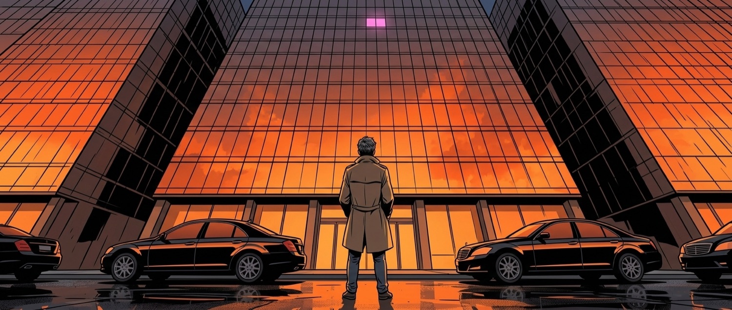 He looks up at the tower