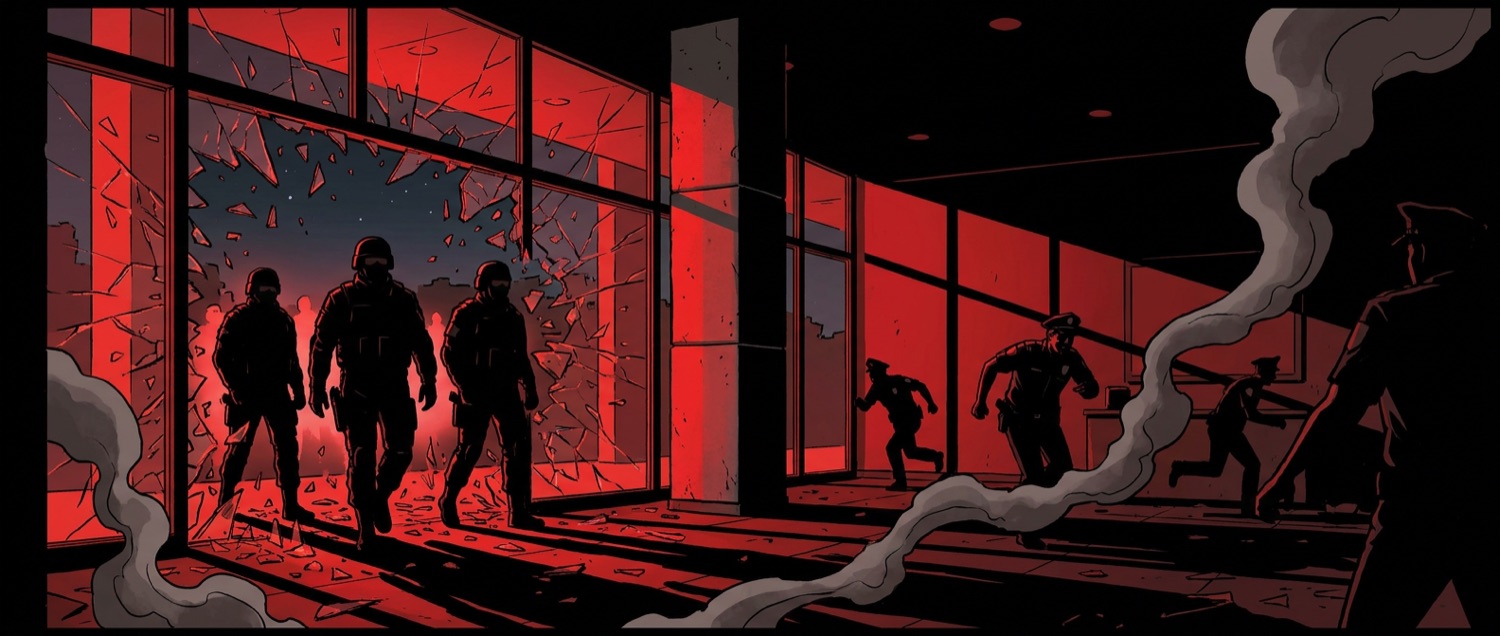 Armed men enter the station
