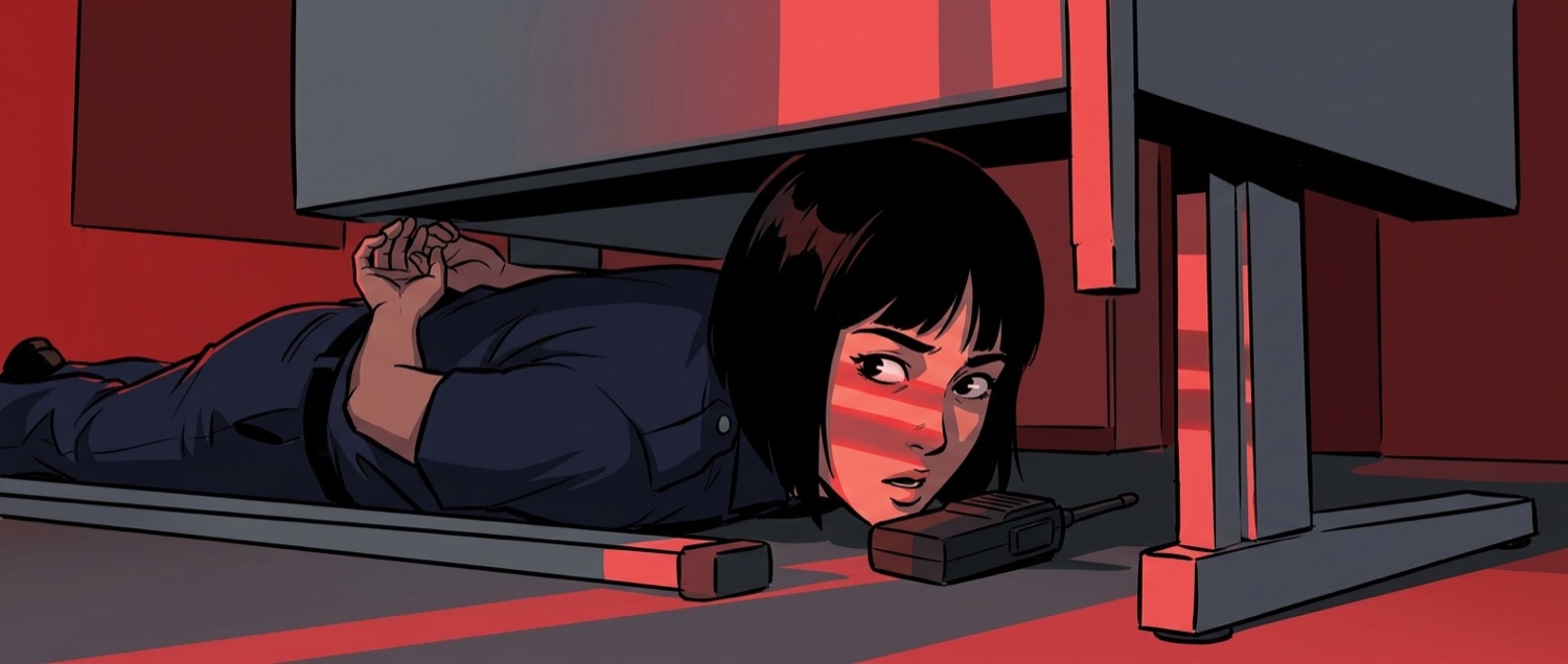 An officer hides under a desk in red emergency light
