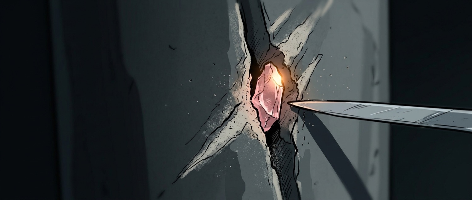 The pink diamond glints inside the cracked concrete