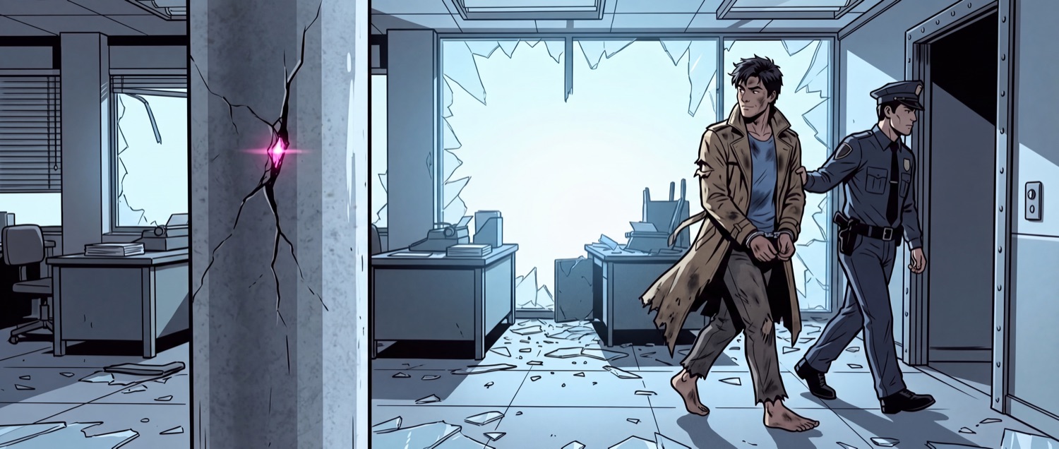 He is led away in handcuffs past the cracked column