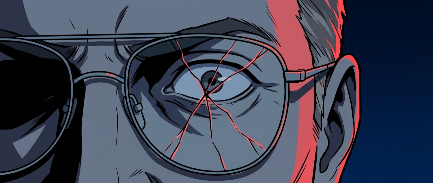 Close on cracked glasses reflecting the fight